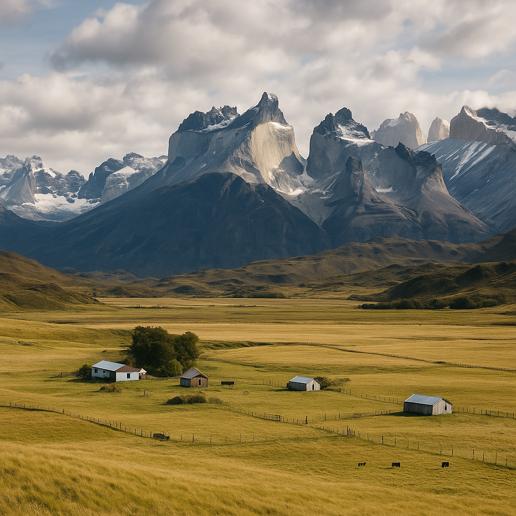 Remote farmland against a mountain range in Patagonia, showcasing the appeal of open spaces and untouched landscapes