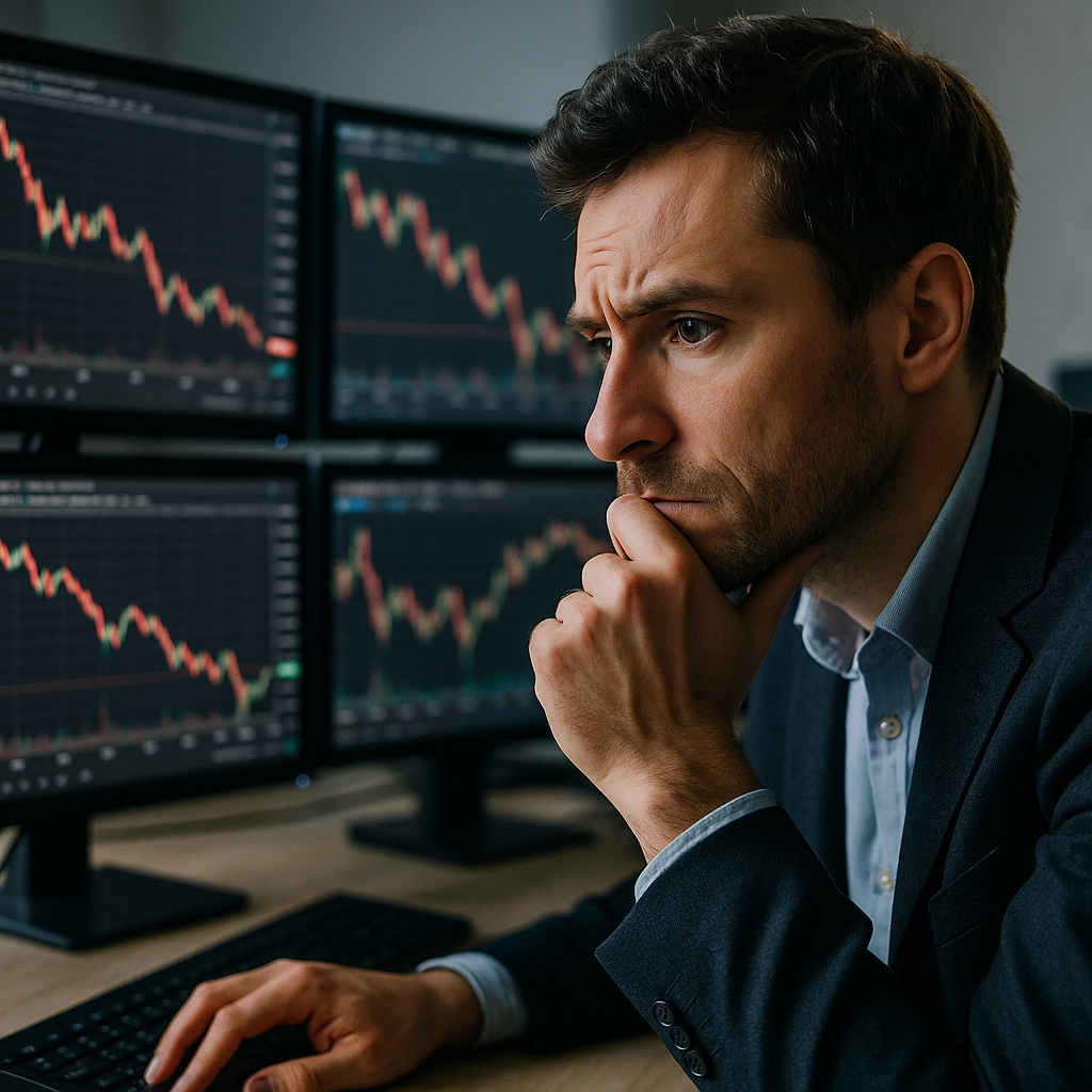 A trader analyzing stock charts on multiple monitors