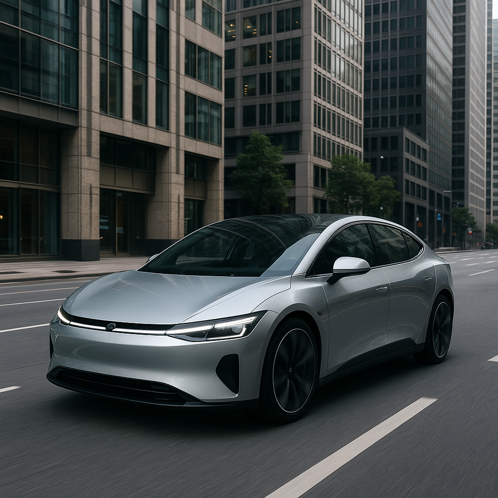 A futuristic autonomous vehicle driving through a city street
