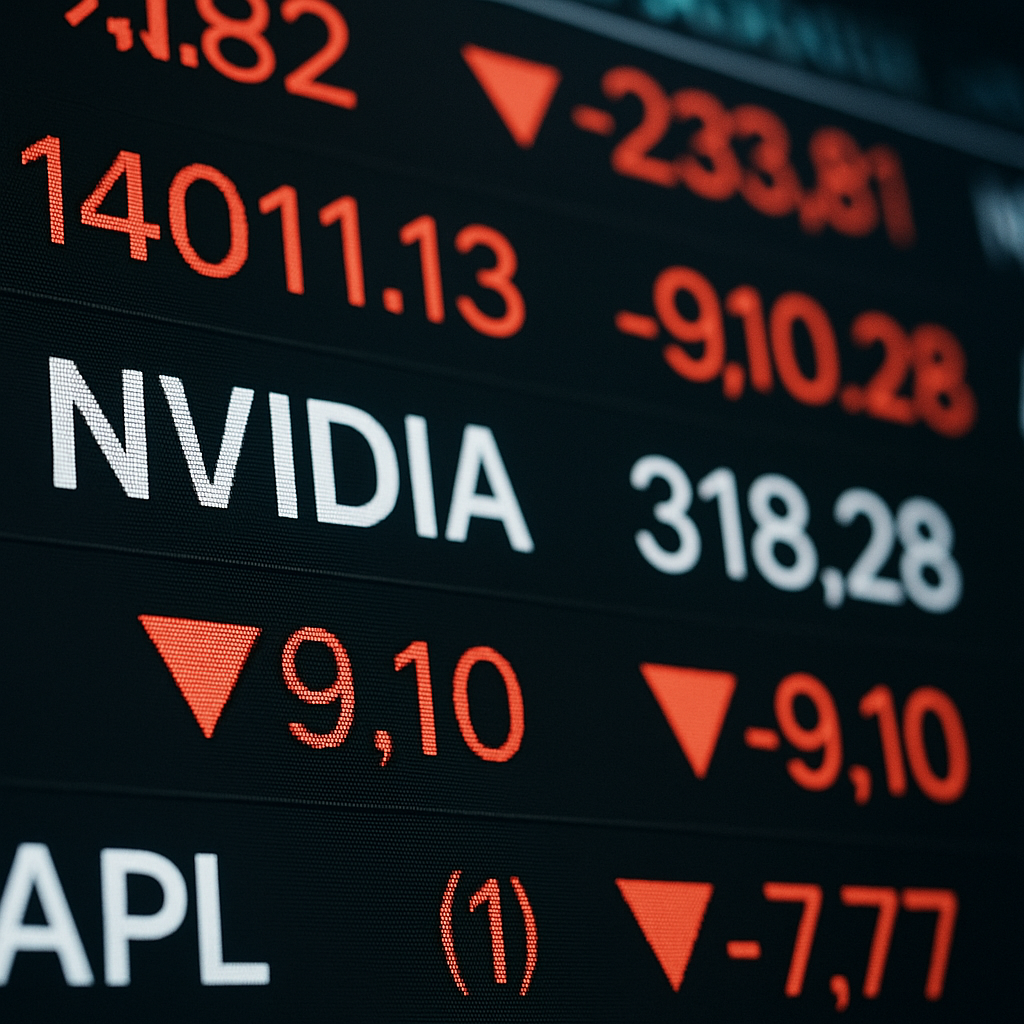 A stock ticker showing Nvidia alongside falling market prices
