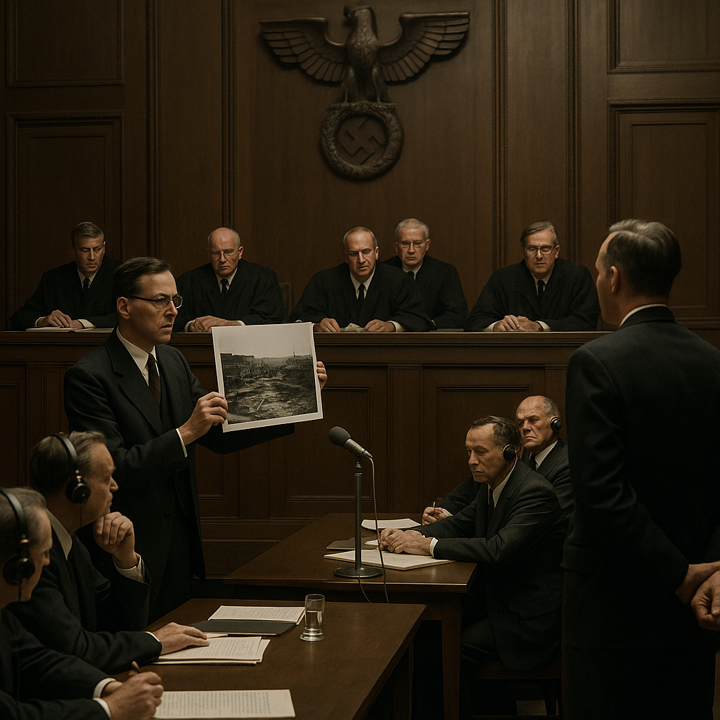 A symbolic Nuremberg courtroom setup to evoke connections to history