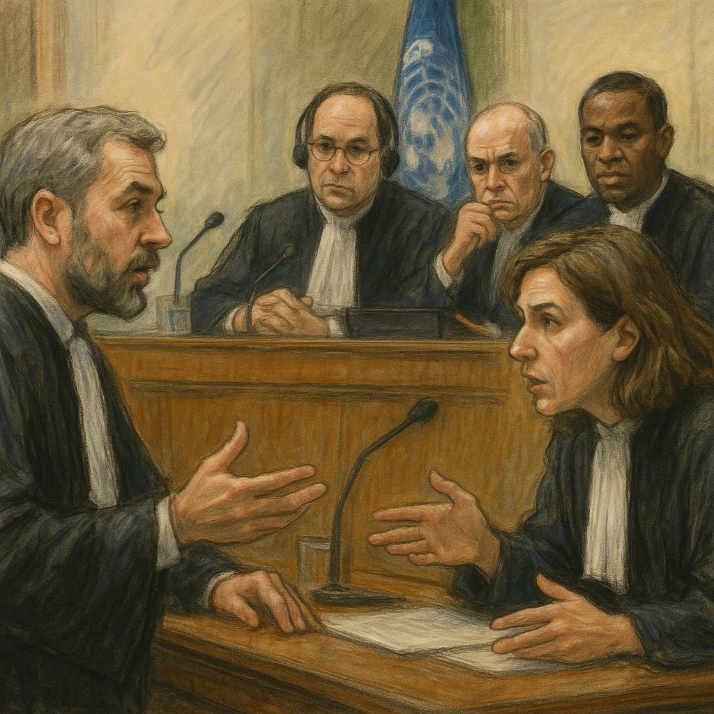 Legal professionals reviewing documents at an international tribunal