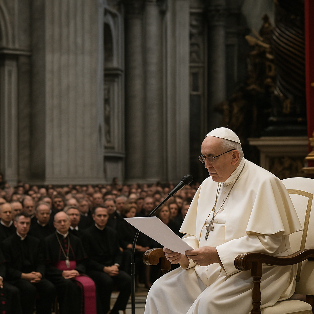 Pope Leo XIV delivering the encyclical to an audience at the Vatican