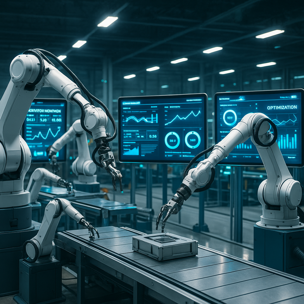 AI-powered production facility with robotic arms assembling products