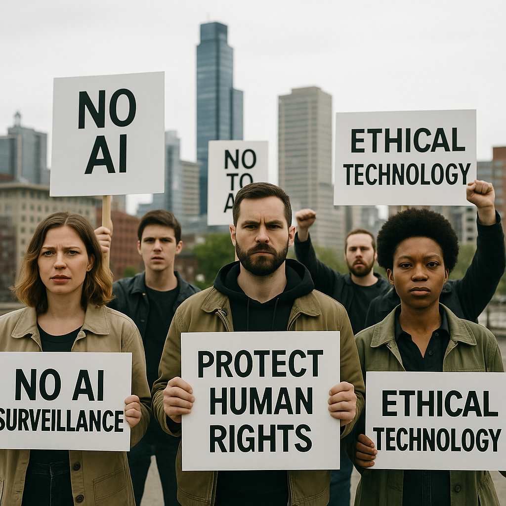 Public demonstration against AI surveillance with signage advocating ethical technology