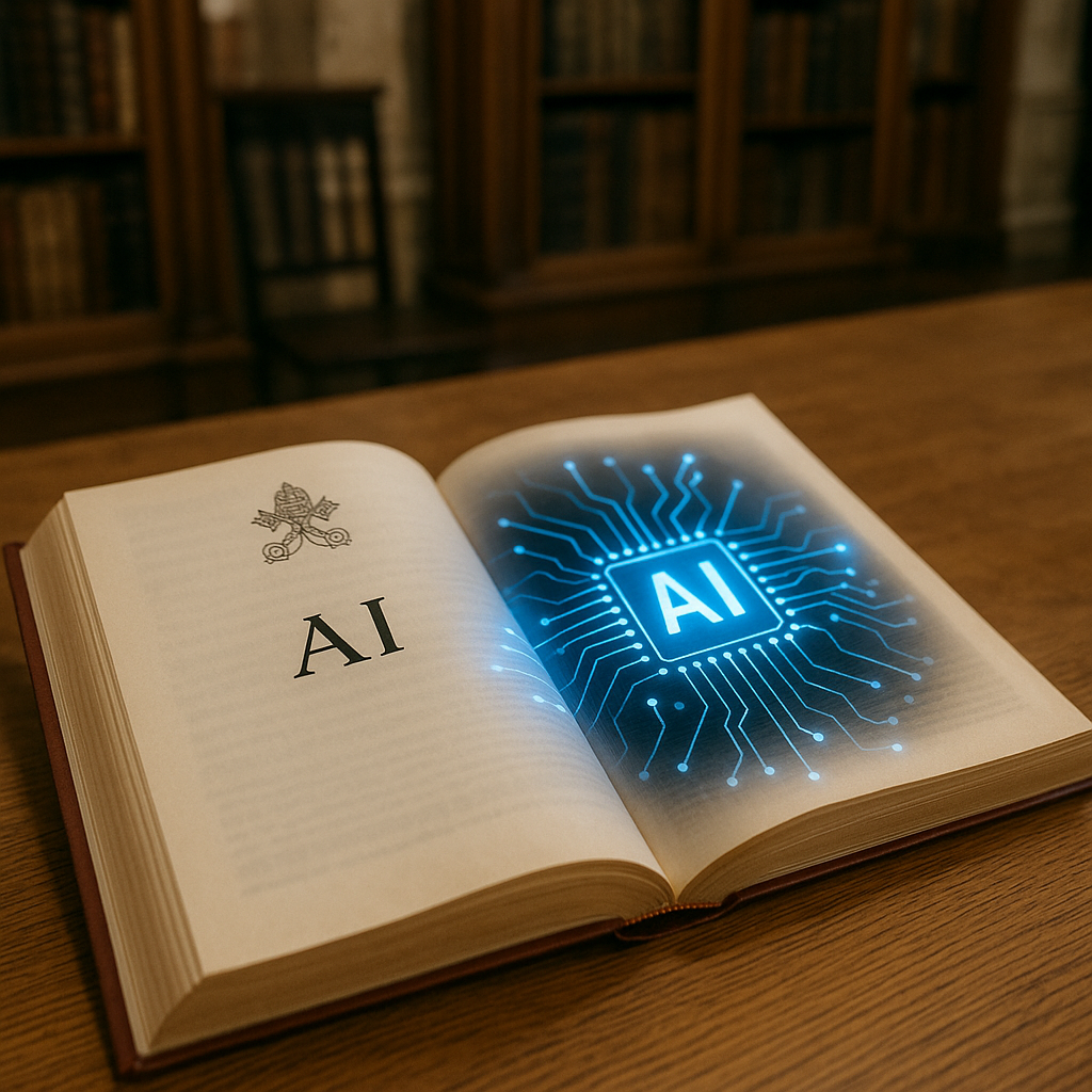 An image showing an open Vatican document with a futuristic background symbolizing AI, such as digital circuits in the backdrop