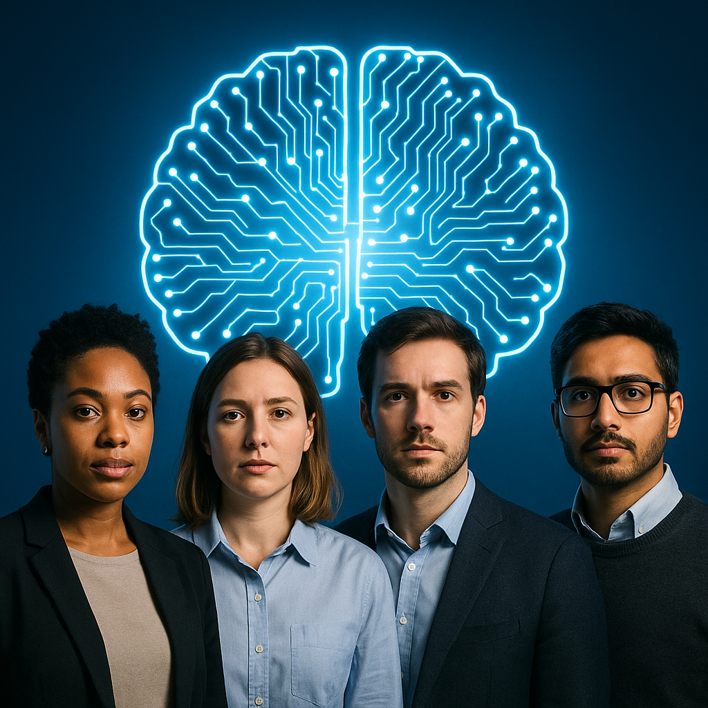 A conceptual image of AI symbols such as robot arms or holographic screens, juxtaposed against a group of diverse people representing humanity