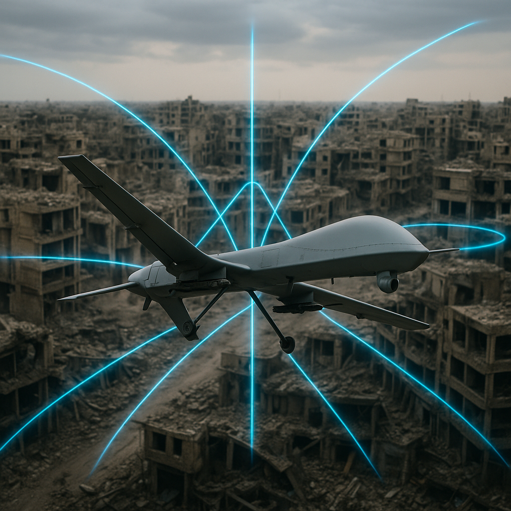 A drone silhouetted against a war-torn cityscape, symbolizing the militarization of AI