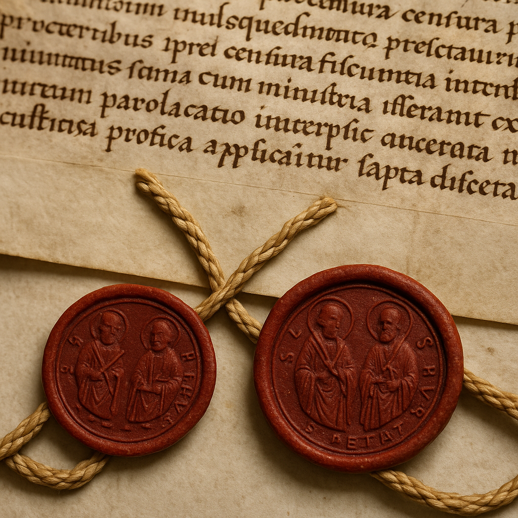 A historical document bearing papal seals relating to 15th-century decrees supporting slavery
