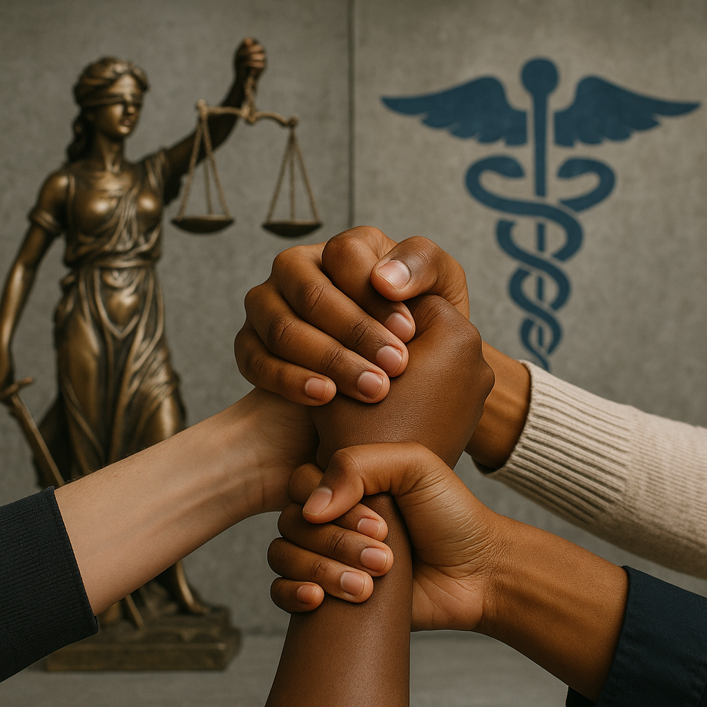 A symbolic image showing diverse hands grasped together, representing unity and reconciliation