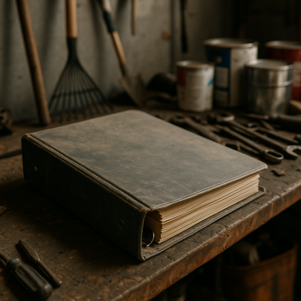 A dusty binder left on a garage workbench