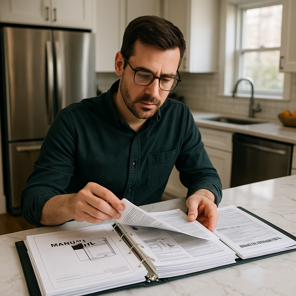 A homeowner flipping through appliance manuals in a binder