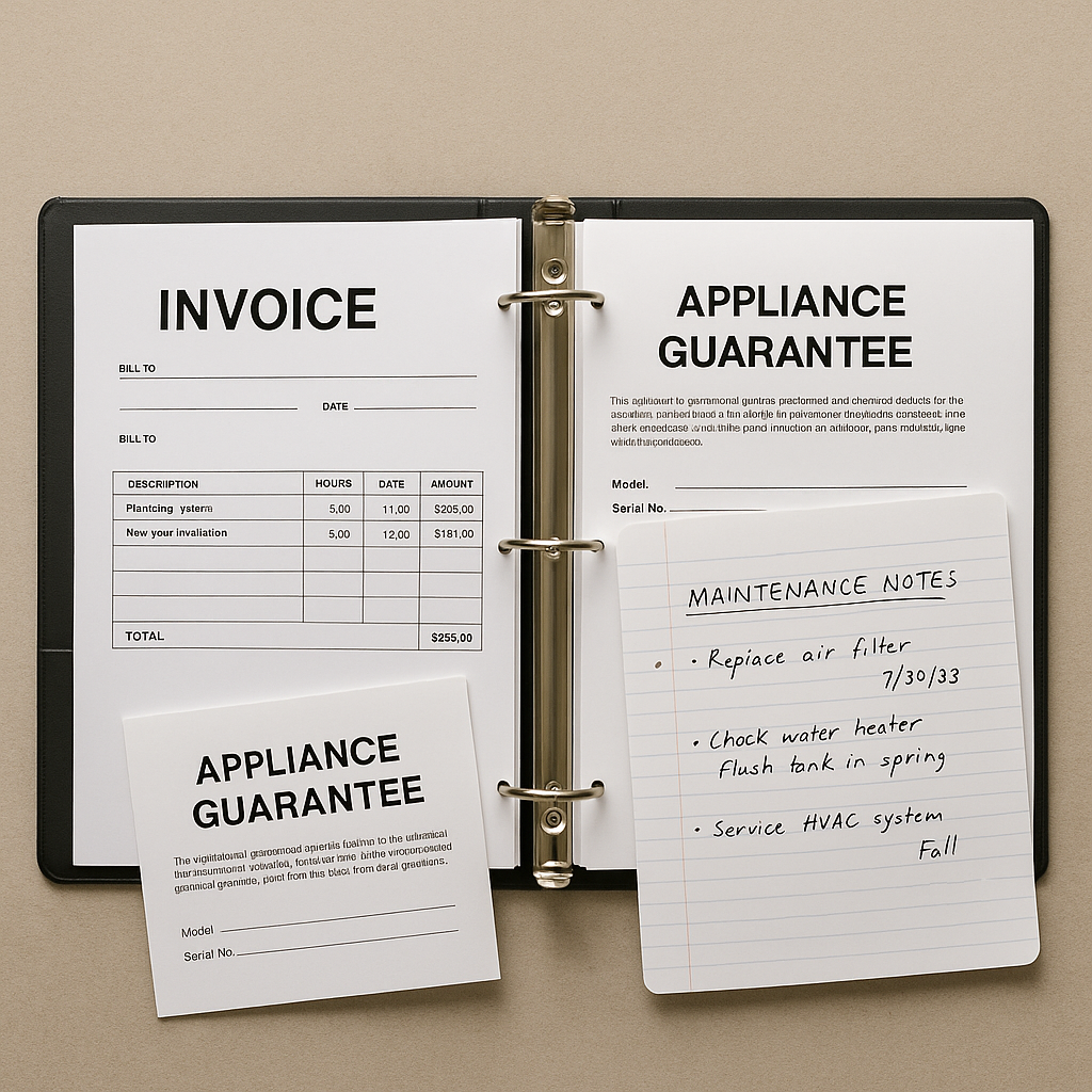A compilation of contractor invoices, appliance guarantees, and handwritten notes in a binder
