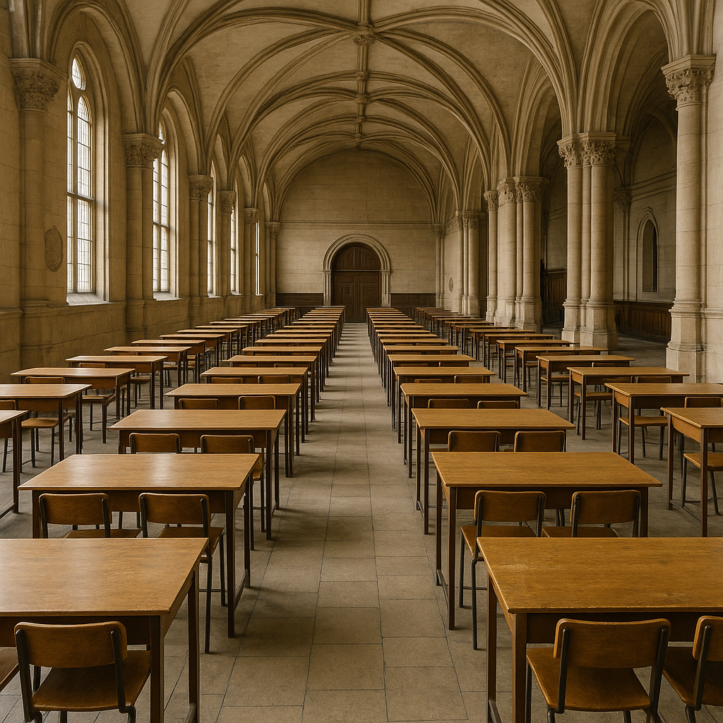 A historic Princeton University exam hall with a solemn atmosphere
