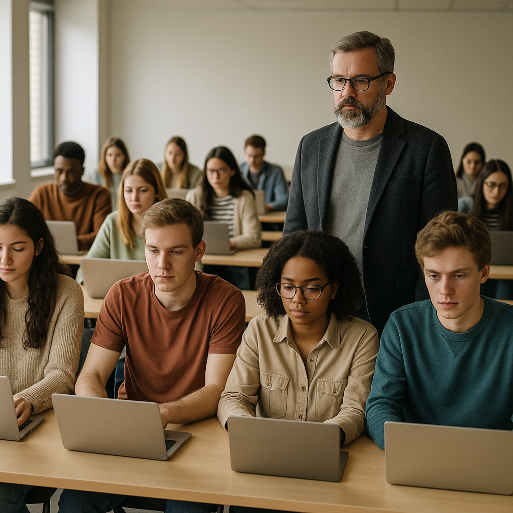 Students seated in a modern classroom, with laptops open and a professor monitoring the room