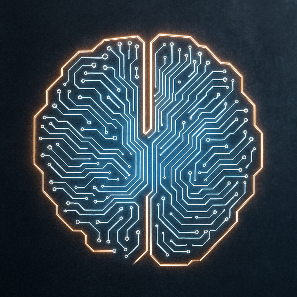 Symbolic illustration of AI, depicting a brain-shaped circuit board with glowing pathways