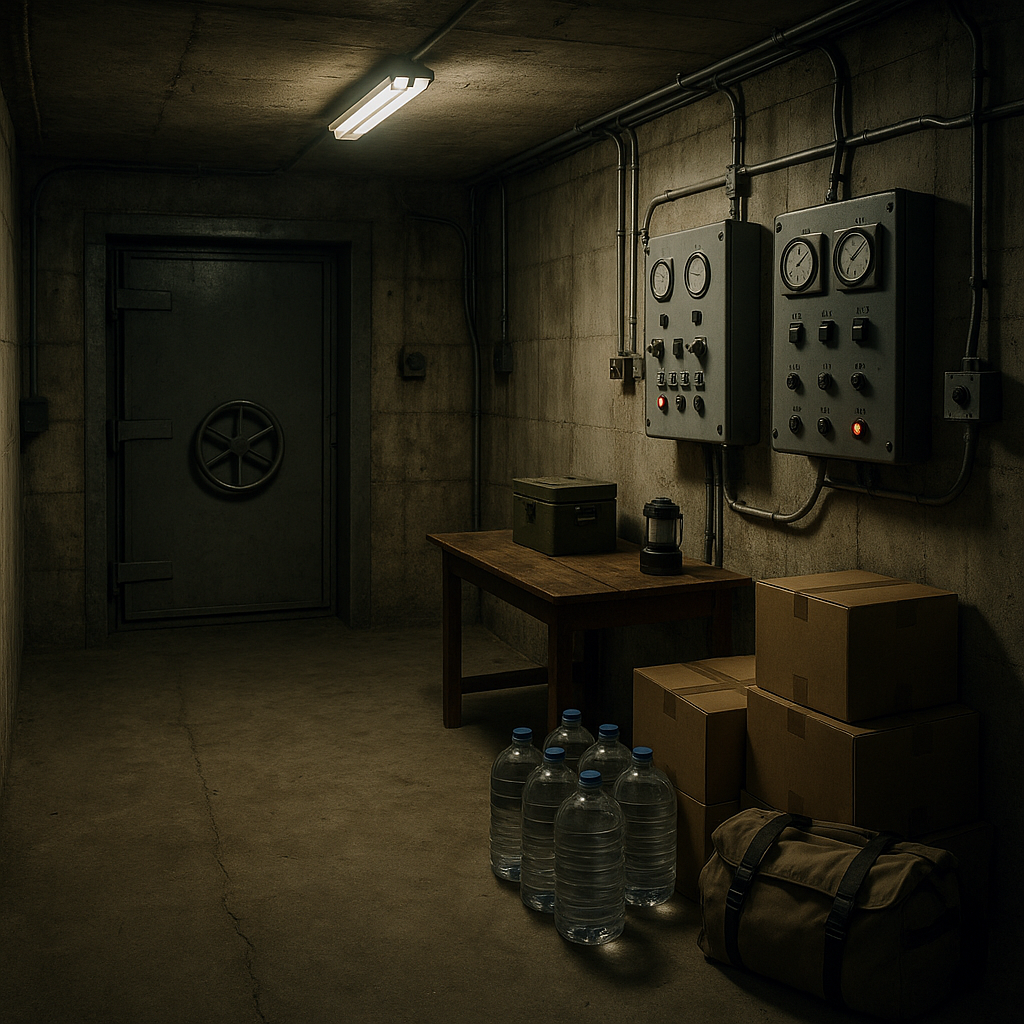 A symbolic underground bunker, dimly lit, with reinforced walls