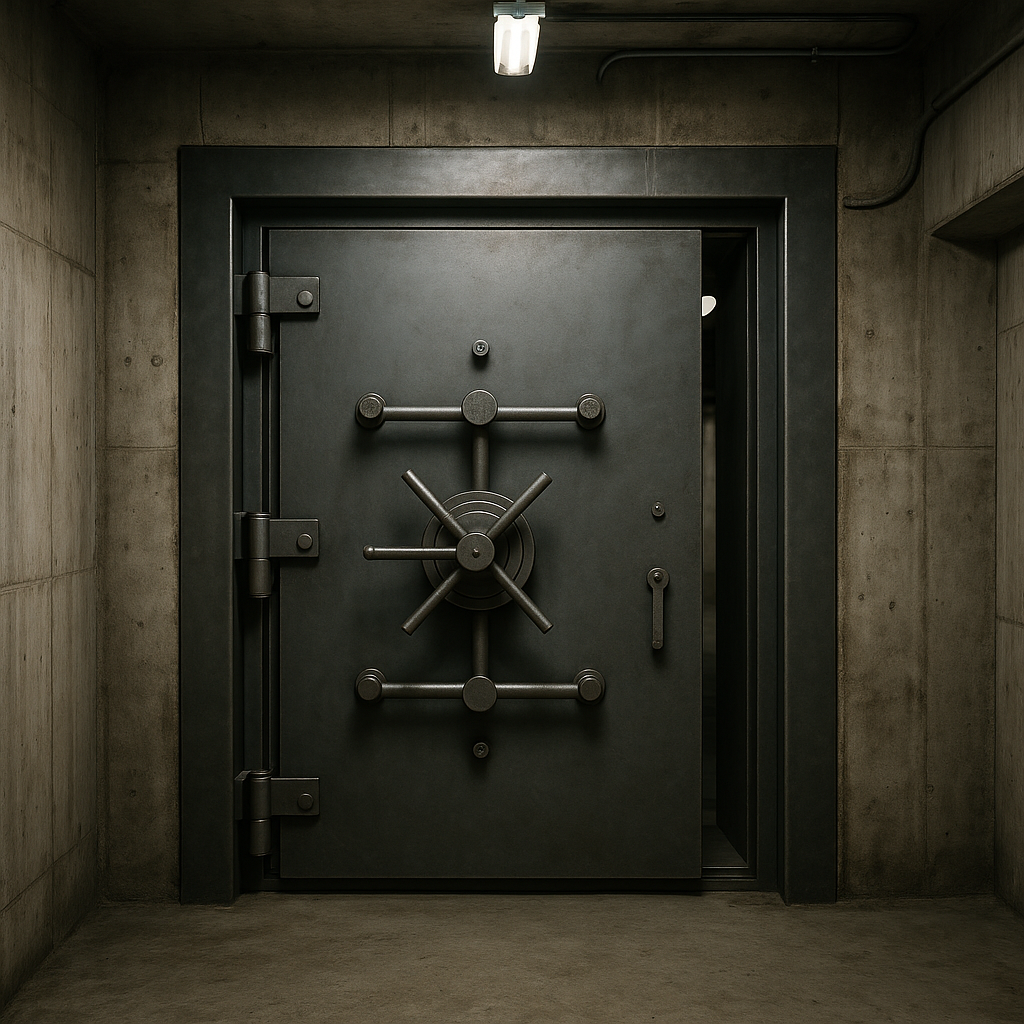 A fortified steel door leading to an underground facility