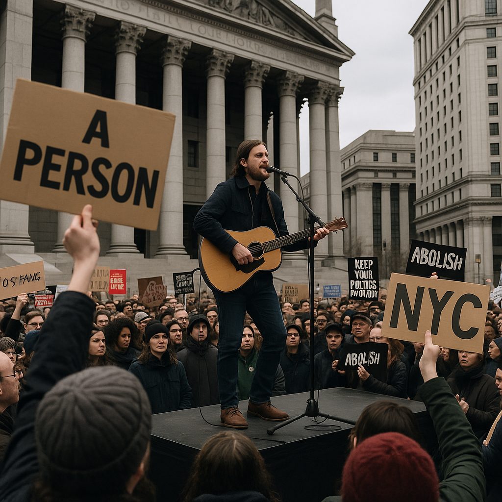Tom Morello performing or speaking at the NYC protest rally