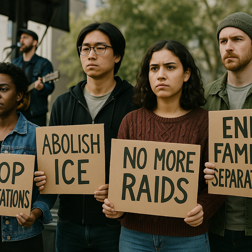 Protesters holding anti-ICE placards with a musician performing in the background