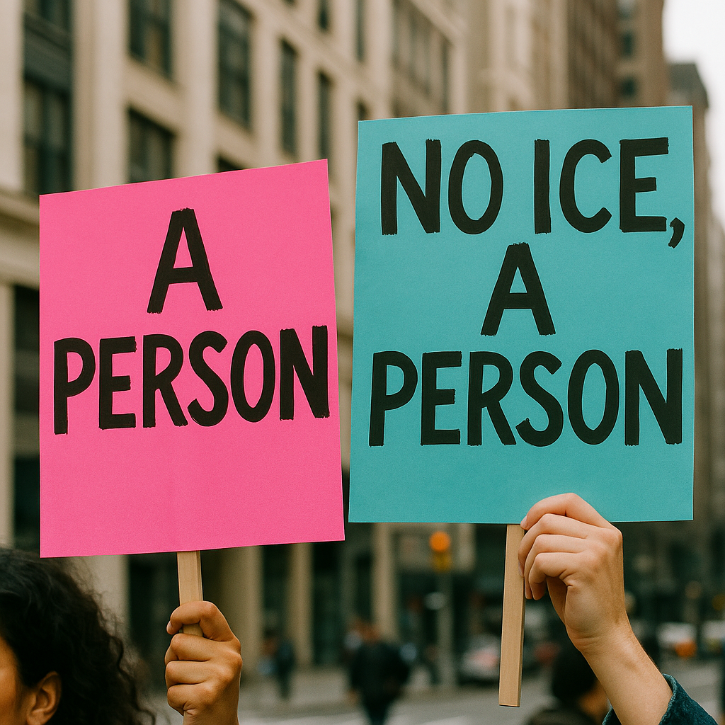 Close-up of signs or banners highlighting sanctuary city laws during a protest