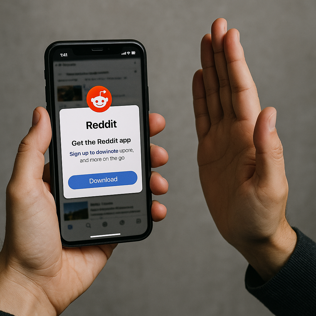 A person holding a smartphone displaying a forced app download message from Reddit