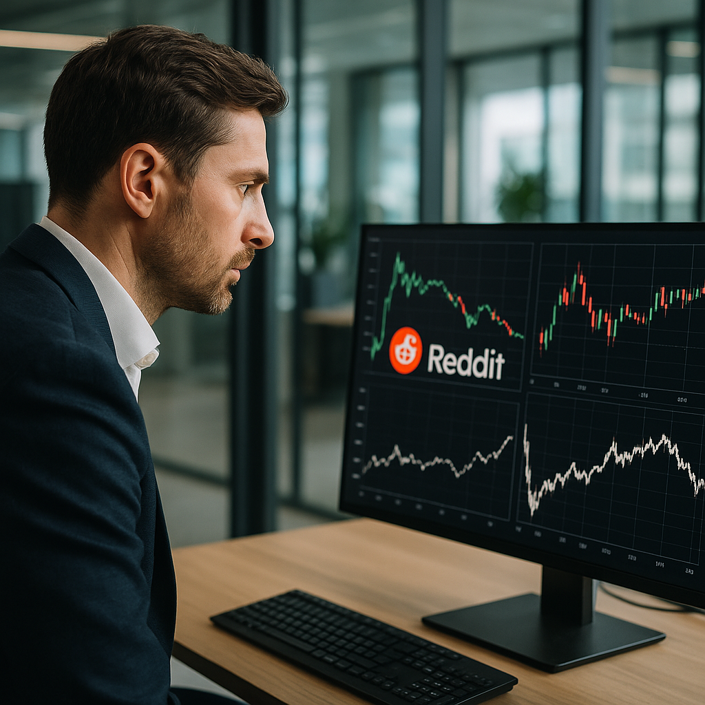 A financial analyst reviewing stock performance of Reddit on a screen