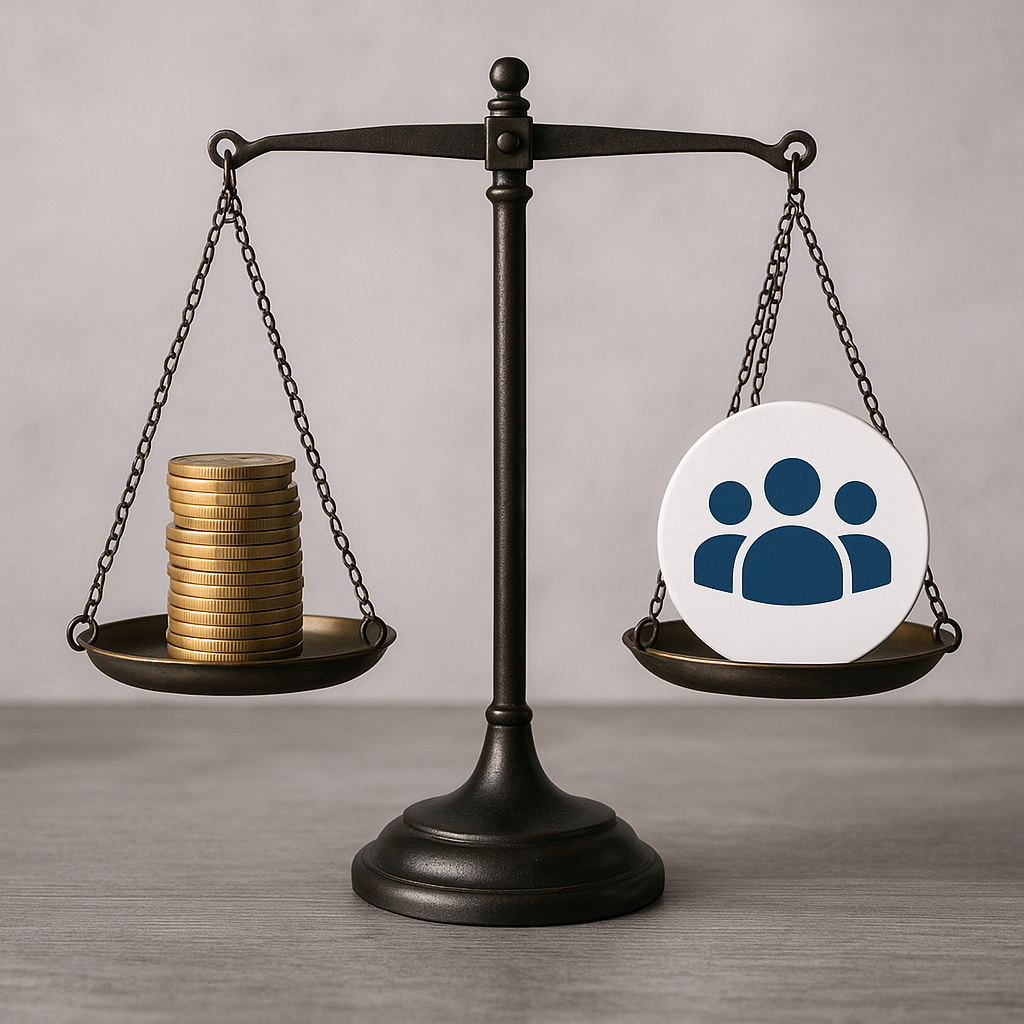 Symbolic image of balance scales with coins and a community icon on each side
