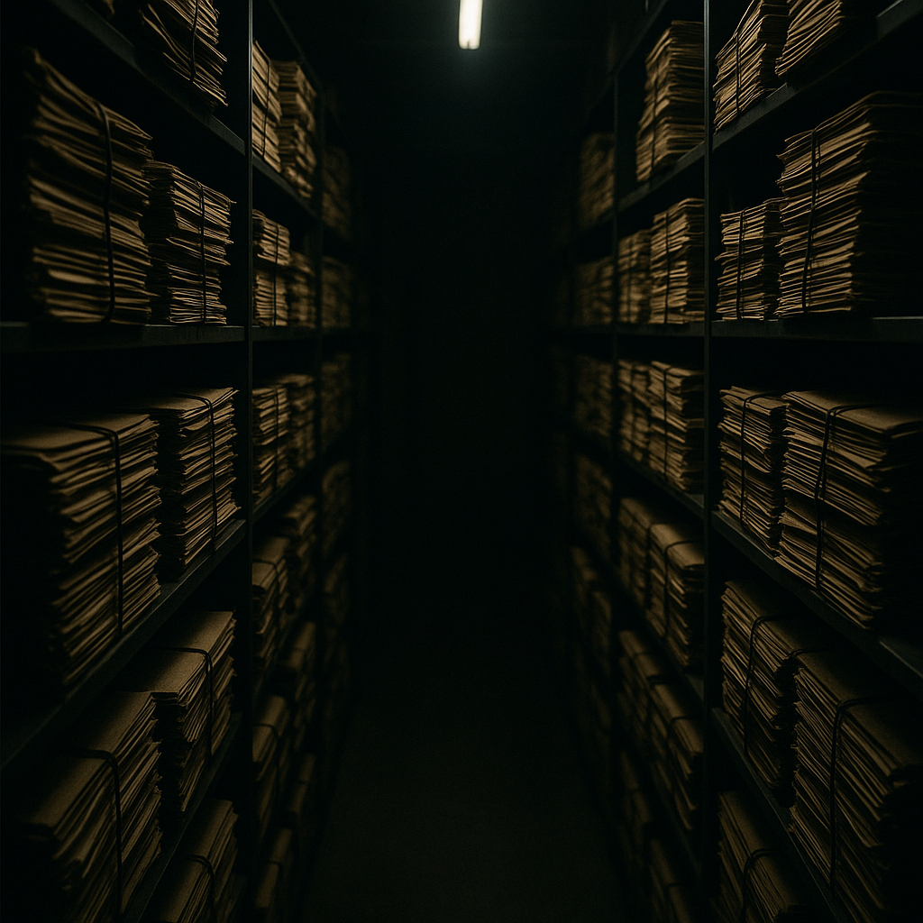Rows of files stacked in an archival vault symbolizing secrecy