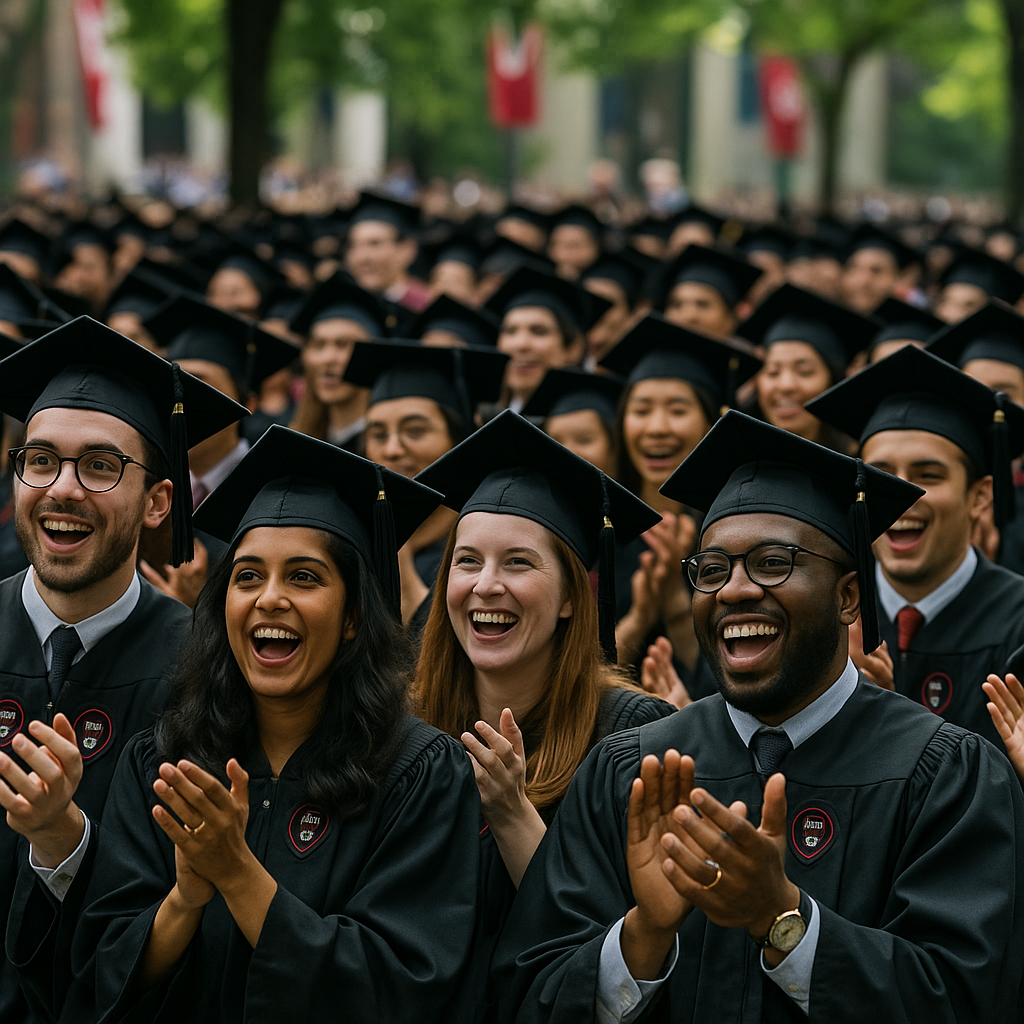 A packed audience of Harvard graduates cheering during a keynote speech