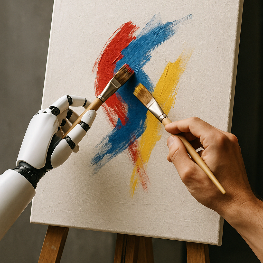 An abstract depiction of artificial intelligence in creativity, such as robotic hands painting on a canvas