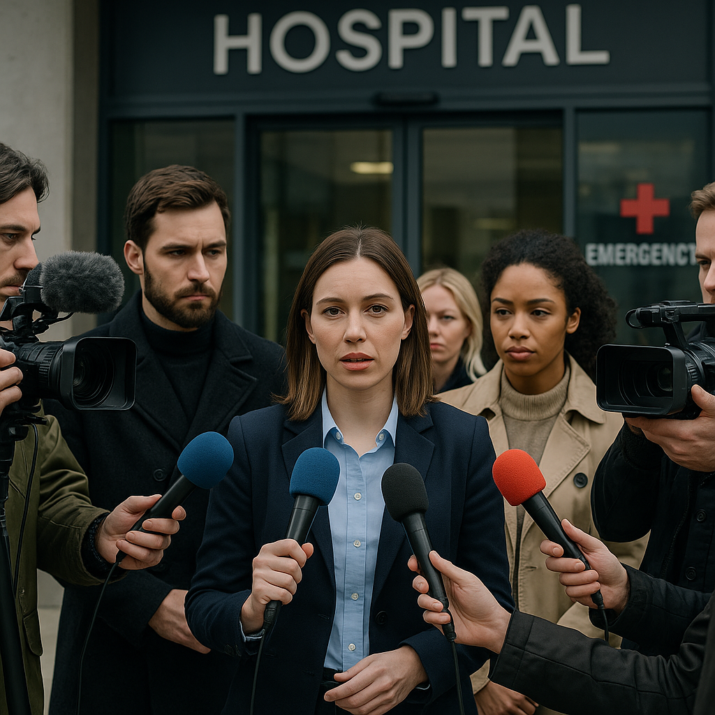 A group of journalists gathered outside a hospital entrance