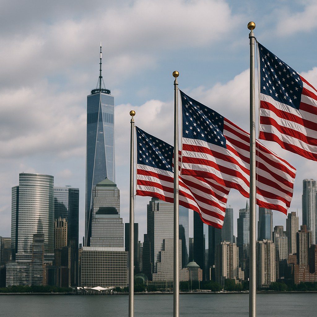 A symbolic representation, perhaps a cityscape with American flags waving in the foreground