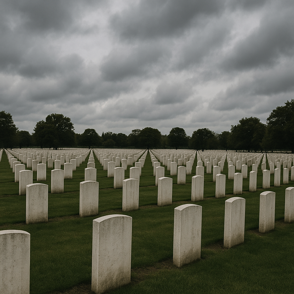 A solemn military cemetery with rows of gravestones, symbolizing the human cost of war
