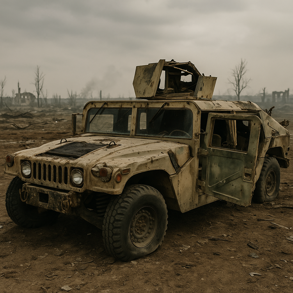 An abandoned Russian military vehicle in a deserted area, symbolizing the ongoing attritional losses in the conflict