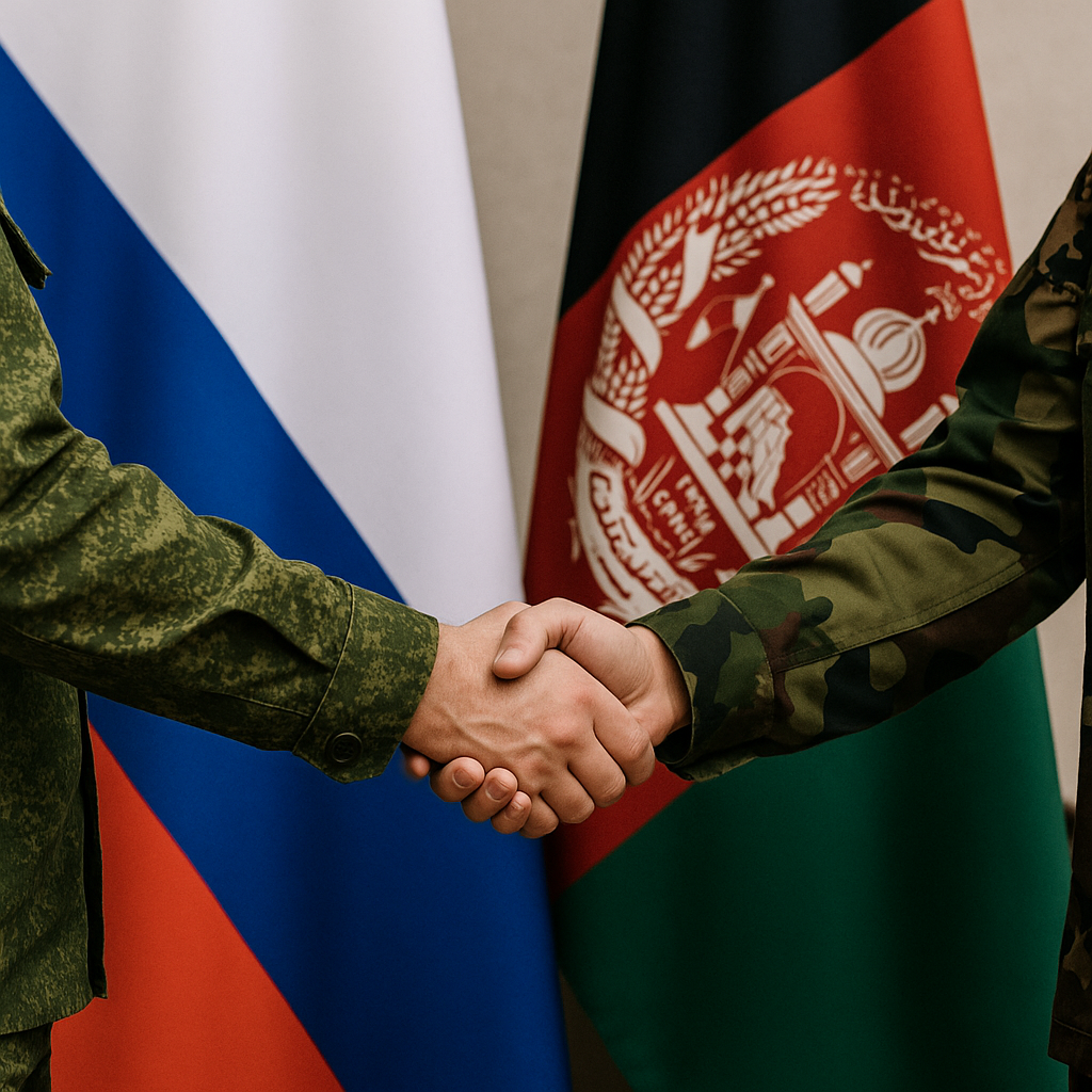 A symbolic handshake between two individuals in military uniforms against the backdrop of international flags