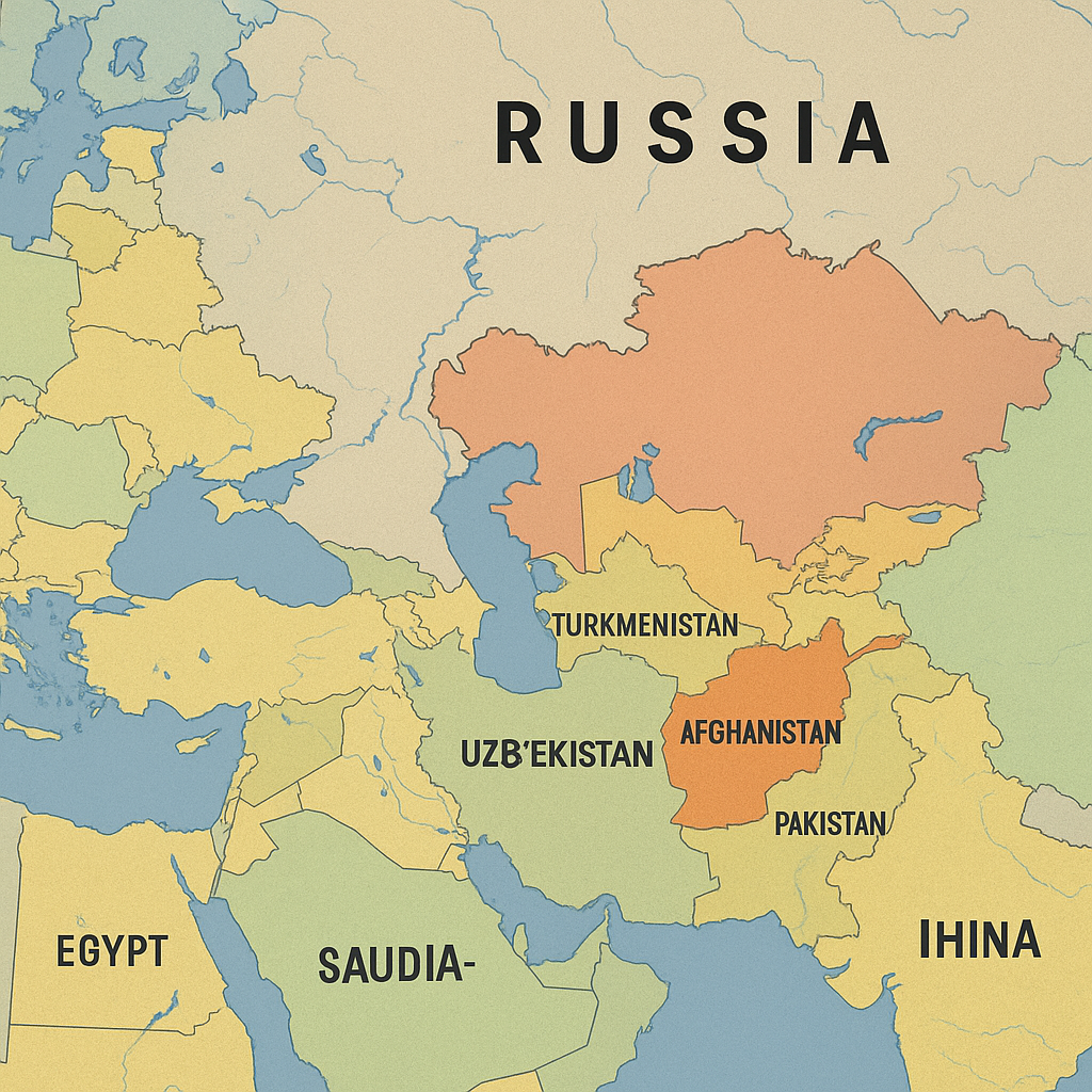 A geopolitical map highlighting Afghanistan and Russia with major trade routes marked