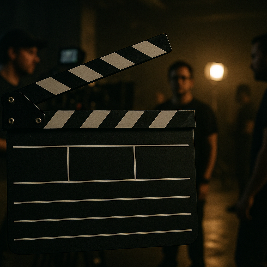 A close-up of a film clapperboard on a movie set