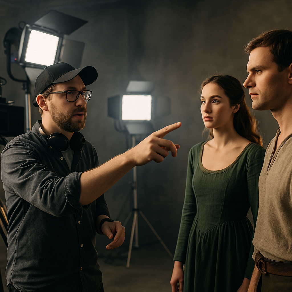 A director gesturing toward actors on a film set with lighting rigs and cameras in view