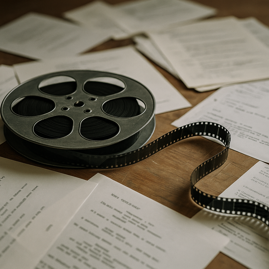 A film reel unwinding on a desk with screenplay scripts in the background