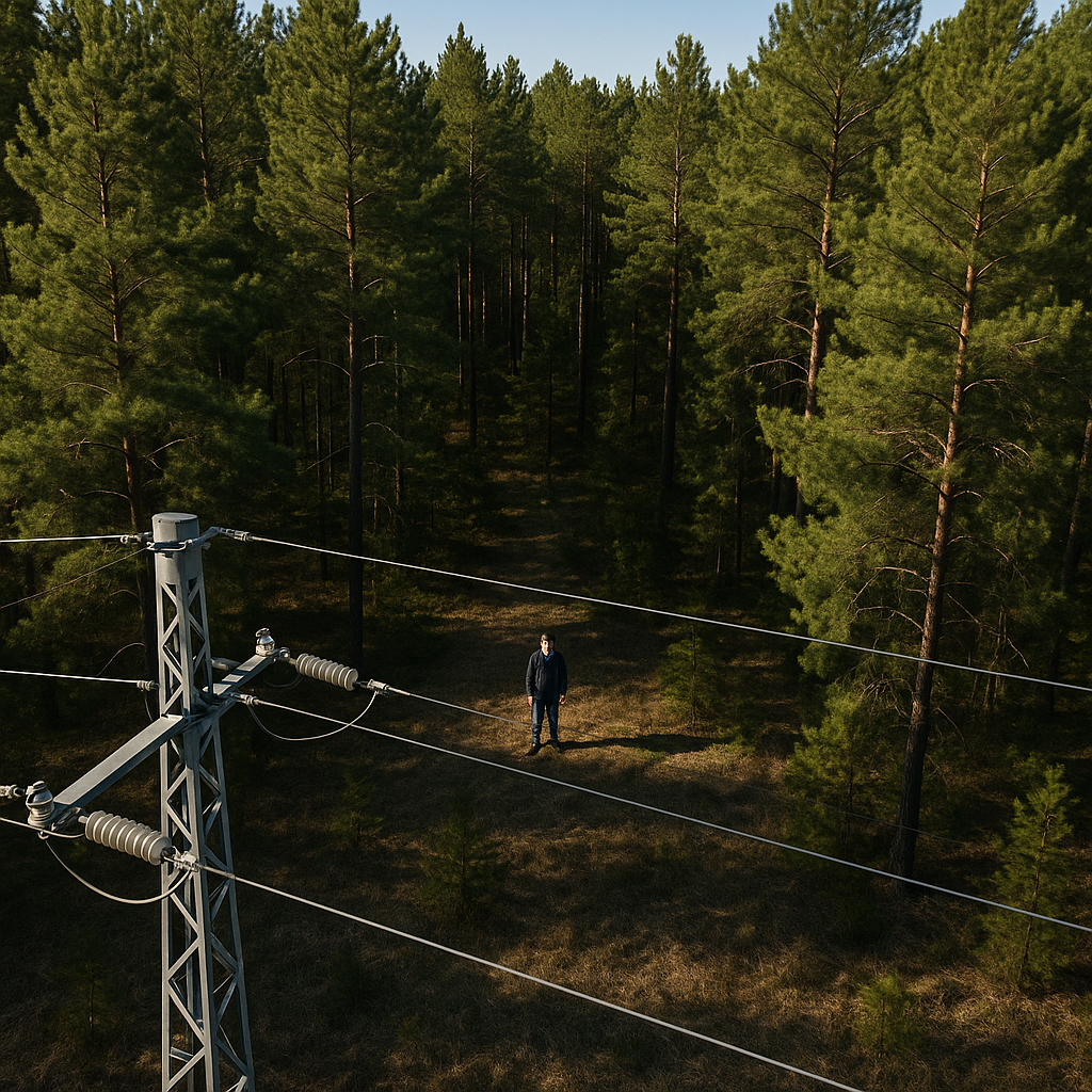 Aerial view of Lake Tahoe with electricity infrastructure in the foreground