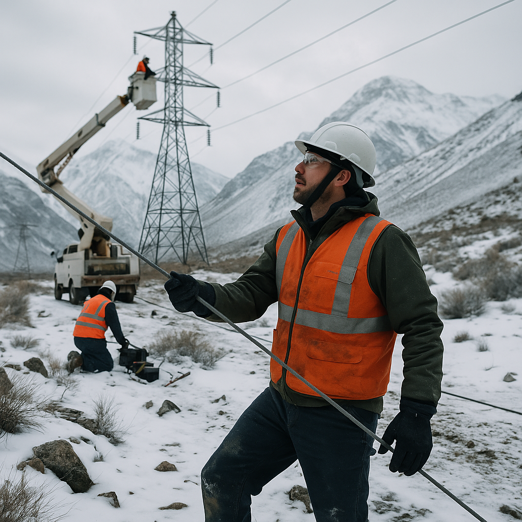 Engineers working on power lines in a mountainous area