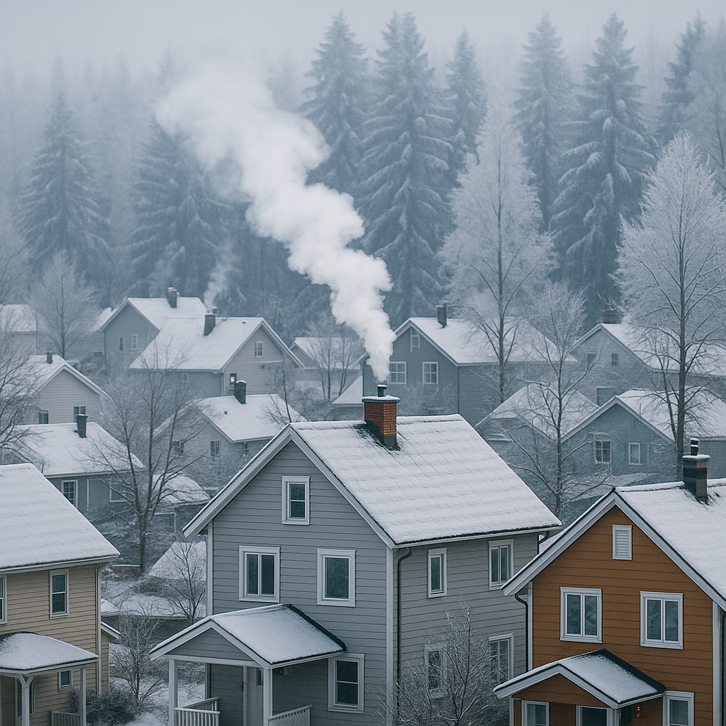 Snow-covered homes in Lake Tahoe during winter, with smoke rising from chimneys