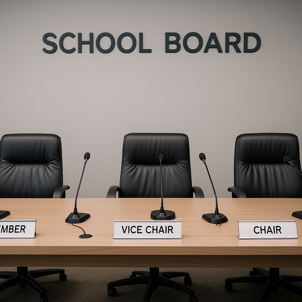 A school board conference room with microphones and nameplates