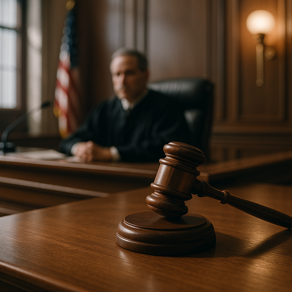 A courtroom setting with a judge’s gavel placed prominently on a bench