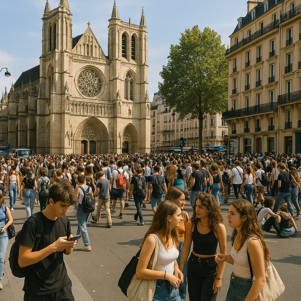Throngs of young people near a historic church building on a lively street