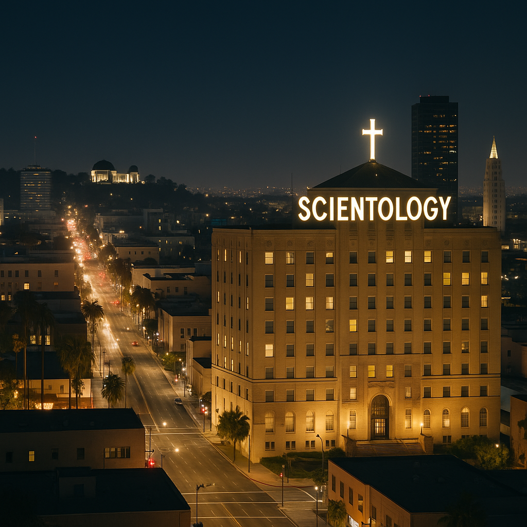 Hollywood Boulevard at night, with landmarks and a lit-up Scientology building