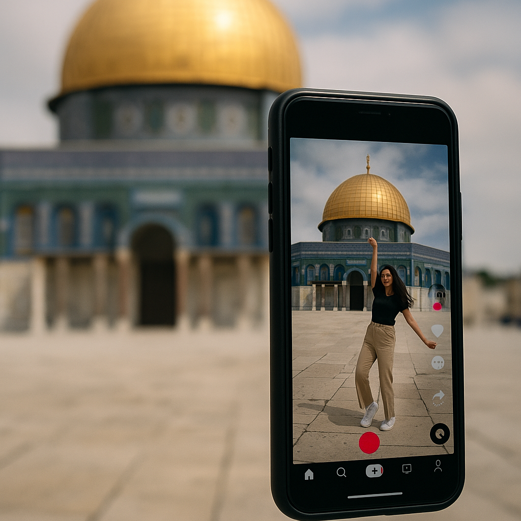 Close-up visual of a smartphone, capturing a viral TikTok video with a religious site in the background