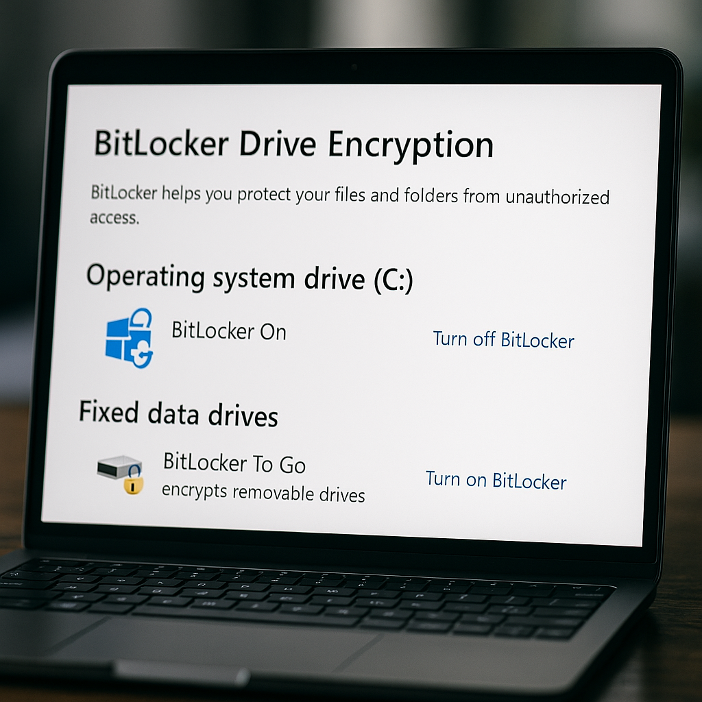 A laptop with BitLocker encryption settings visualized on-screen
