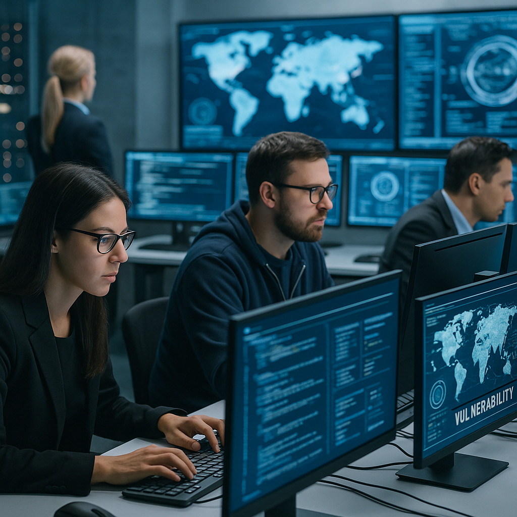 A cybersecurity lab setup with researchers analyzing system vulnerabilities